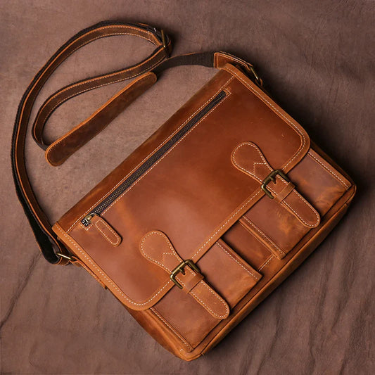 Vintage Crazy Horse Leather Messenger Bag Men's Genuine Luxury Sling Shoulder Bag Office Briefcase Crossbody 12.9 Inch Ipad