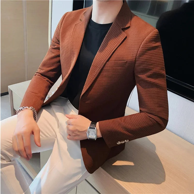 Plus Size 4XL-M Autumn New Waffle Suit Jacket Men Two Buttons Slim Fit Business Casual Blazers Homme Formal Groom Prom Tuxedo