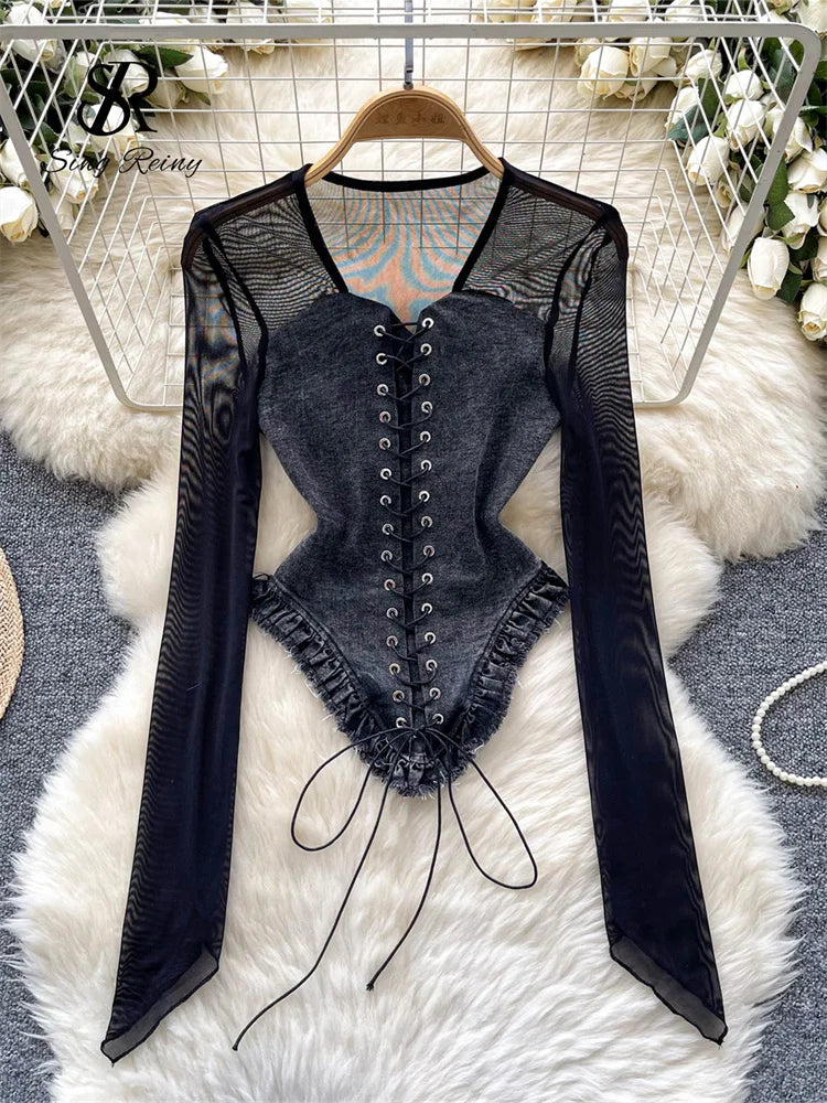 American Retro Patchwork Sexy Blouse 2024 Women Squre Neck Long Sleeves Sheer Top Streetwear Ins Lace Up Denim Shirt