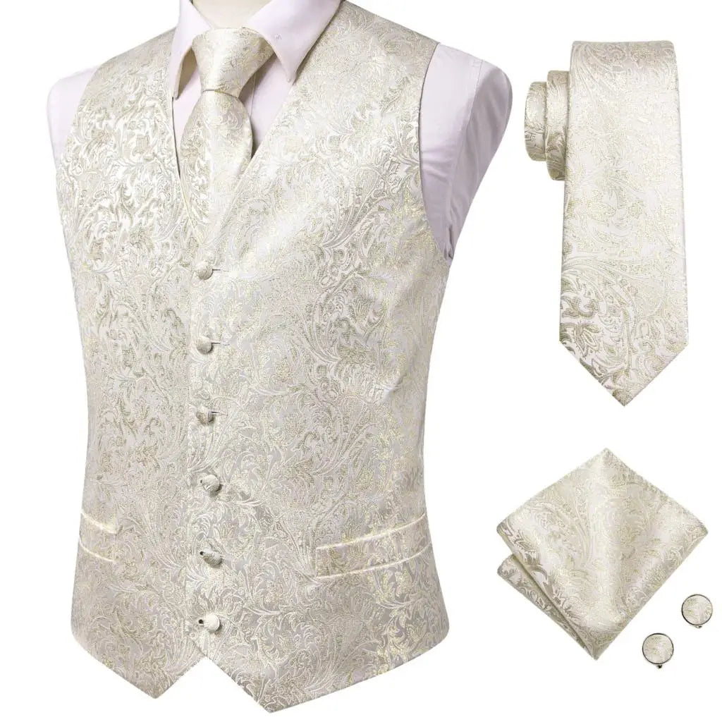 Beige Yellow Silk Mens Vest Hanky Cufflinks Set Jacquard Floral Social Waistcoat Sleeveless Jacket for Wedding Business