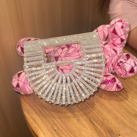 Women's Half-Moon Evening Bag Luxury Designer Rhinestone clutch bag Fan Shape Golden Party Bag Mini Sparkling Wedding Purse