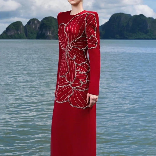 Modern Beading Evening Dress O-Neck Long Sleeve Straight Floor Length Women Customized Occasion Formal Jersey Party Gown New