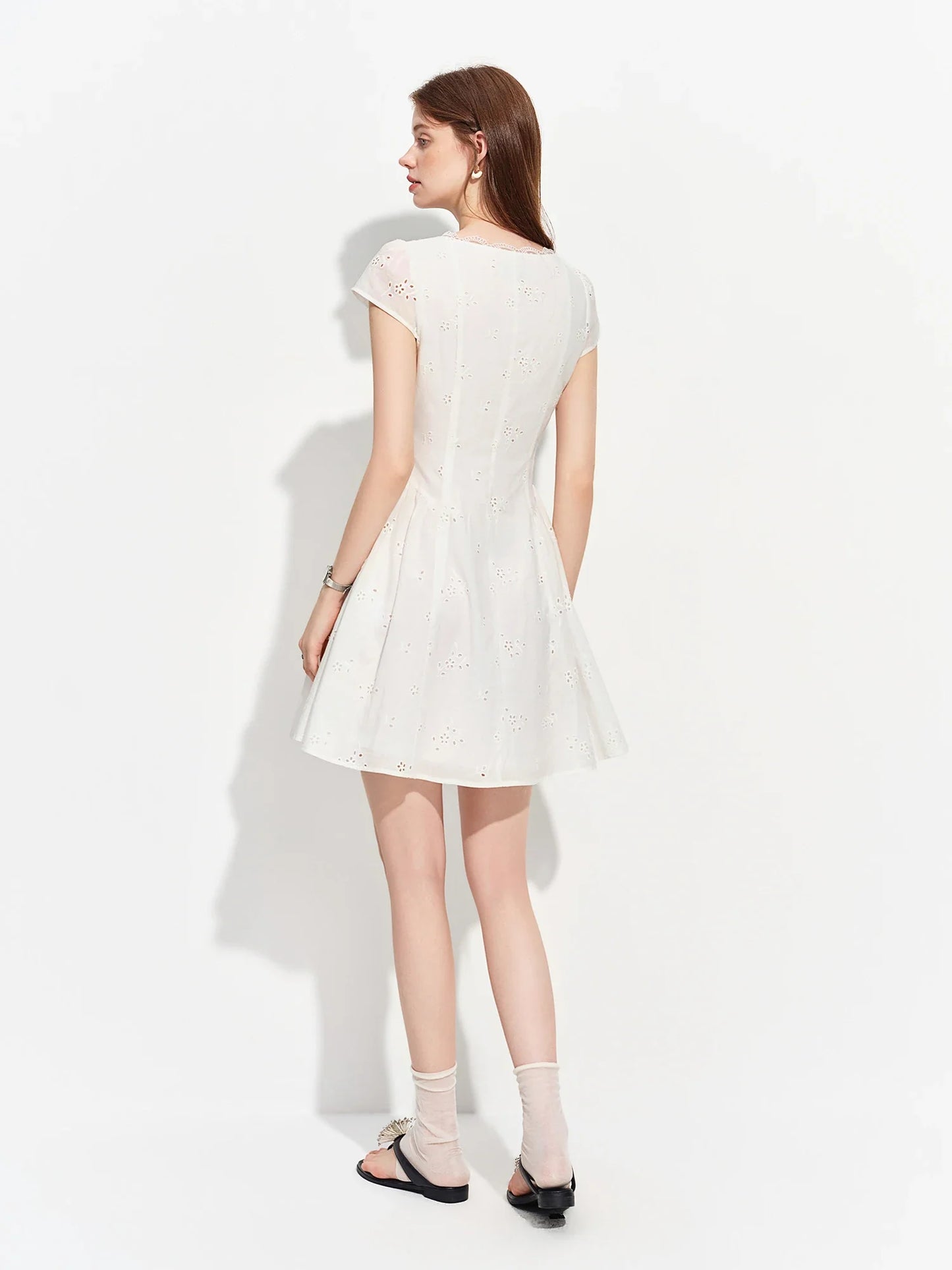 Women's 2026 Summer New Arrival French Pastoral Style V-Neck Lace Spliced Embroidered Dress Openwork Floral Plaid Pattern