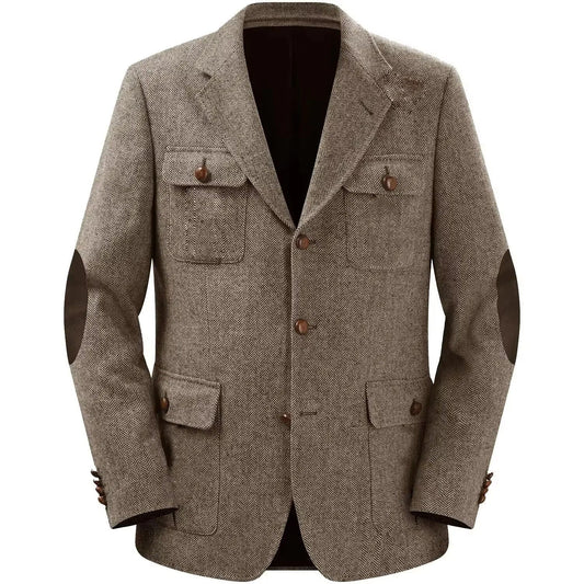 Autumn Winter Multi-Pocket Hunting Jacket Herringbone Tweed Men's Sporty Formal Blazers Suit Vintage Elegance Menswear 2025 NEW