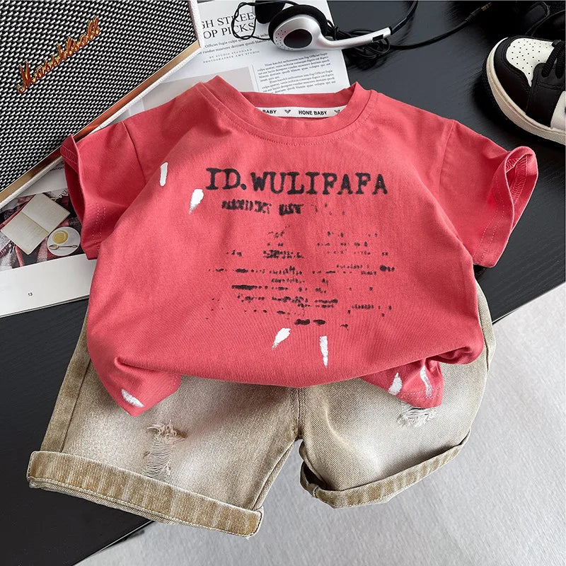New Toddler Summer Baby Girls Boys Clothes Suit Children Letter Tshirt+ Ripped Jeans 2Pcs/Sets Casual Costume Kids Tracksuits