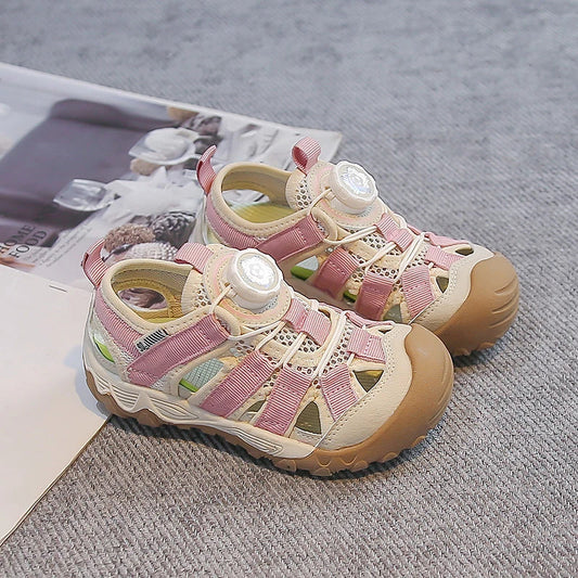 Kids' Rotating Button Closed-Toe Sandals, Breathable Mesh Shoes, Non-Slip Boy Girls Barefoot Shoes Summer Casual Sports Sandals