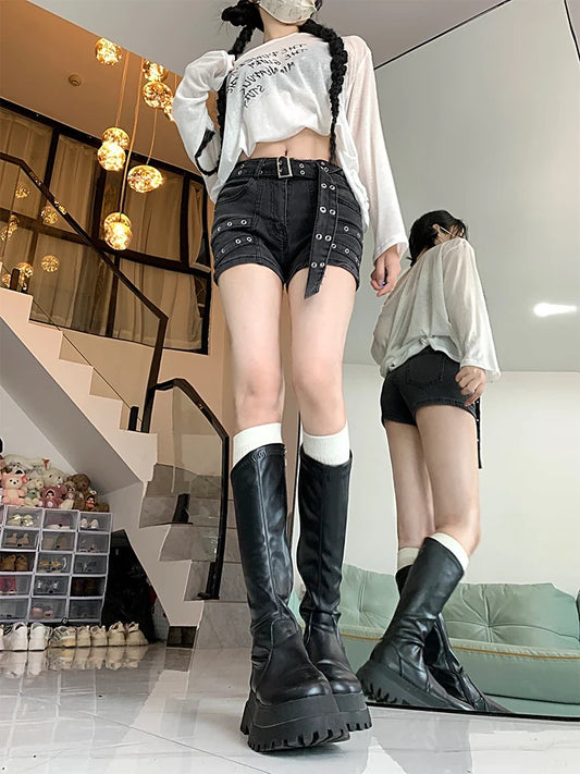 Women Black Gothic Denim Shorts Y2k Jeans Short Pants Harajuku Aesthetic Vintage Cowboy Shorts 2000s Trashy Clothes Summer 2024