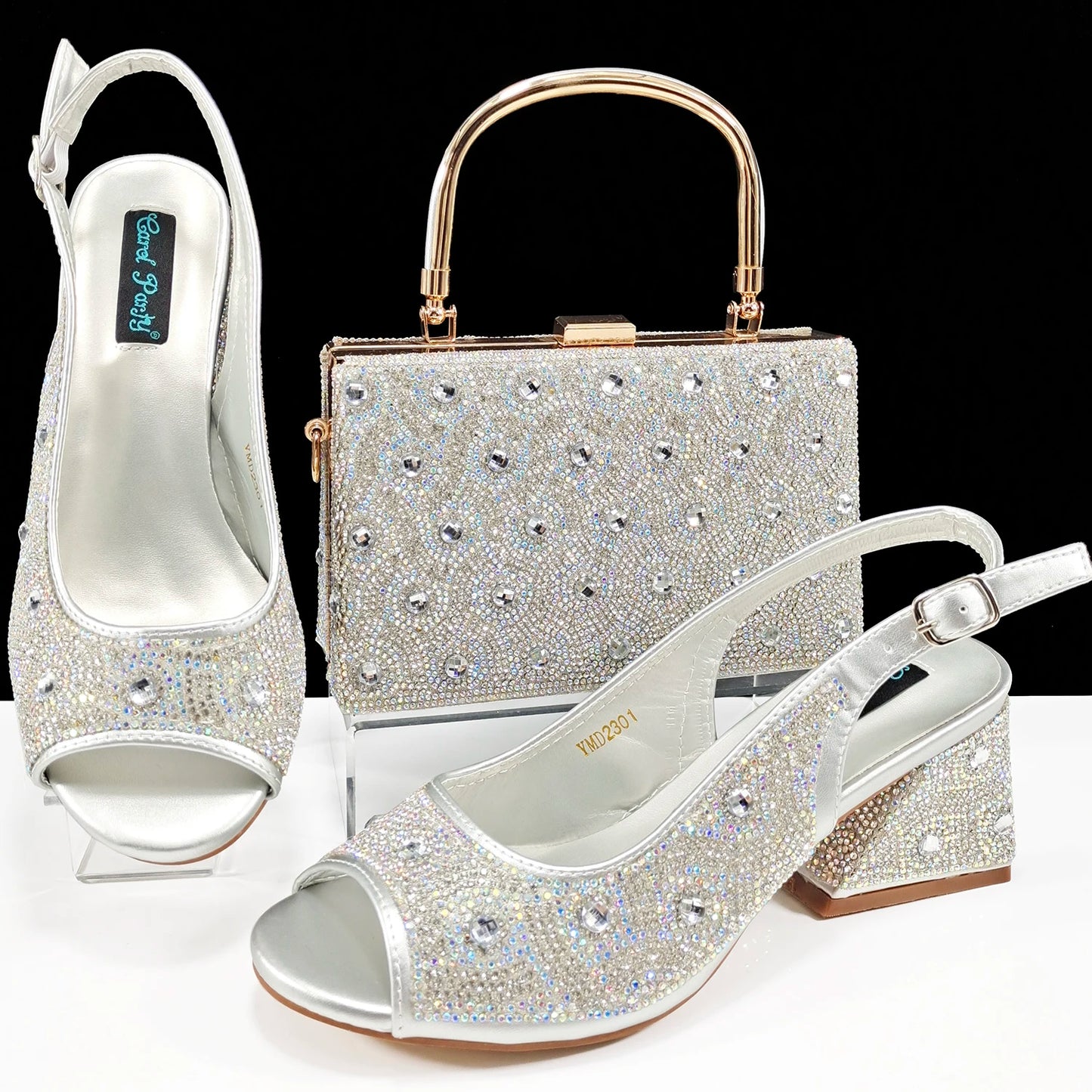 2024 Rhinestone Design INS Hot Sale New Arrivals African Shoes and Bag Set in Green Color Open Toe Comfortable Women Heels