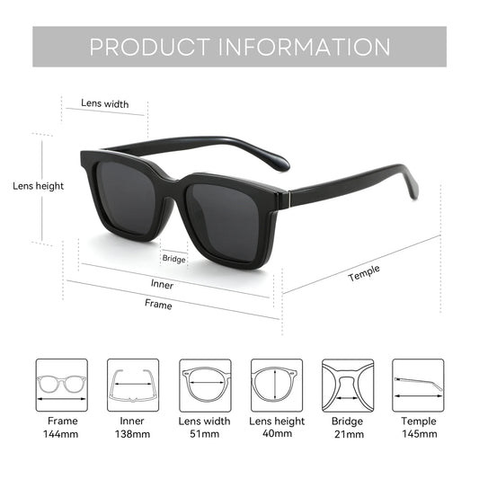 (XL Size) Fashion Urltra-Light TR90 Sun Glasses with Magnetic Clip On Polarized Sunglasses Square for Women Men
