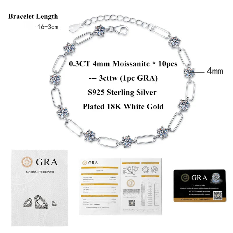 4mm 0.3CT D Color Round Moissanite Diamond Link Bracelet for Woman Man 925 Silver Adjustable 16cm Chain Bracelets GRA Gift