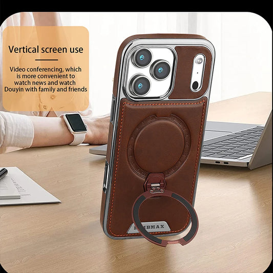 Magnetic Rotat Bracket Luxury Leather Phone Case,For iPhone 11 12 13 14 15 16 17 Pro Max Plus Wireless Charging Shockproof Cover