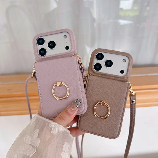 Crossbody Lanyard with Ring Card Holder Make up Mirror Wallet Phone Case for IPhone 17 Air 16E 15 14 Plus 13 12 11 Pro Max Cover