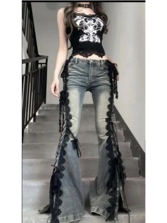 Retro Eyelets Lace Up Flare Jeans Stitch Lace Whiskers Slim Low Rise Split Bootcut Pants Women Bell Bottoms Streetwear