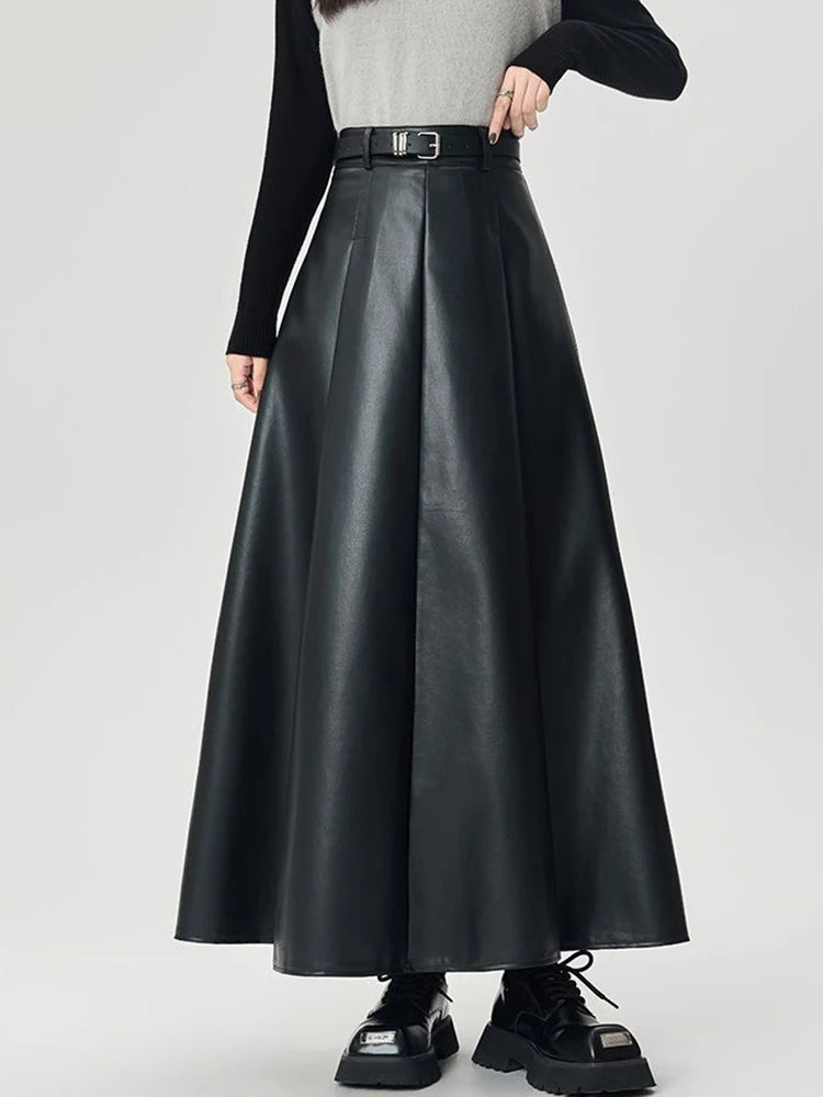 Vintage PU leather women midi skirts Y2K Autumn high waist Streetwear with belt pleated Skirt female elegant Solid A line skirts