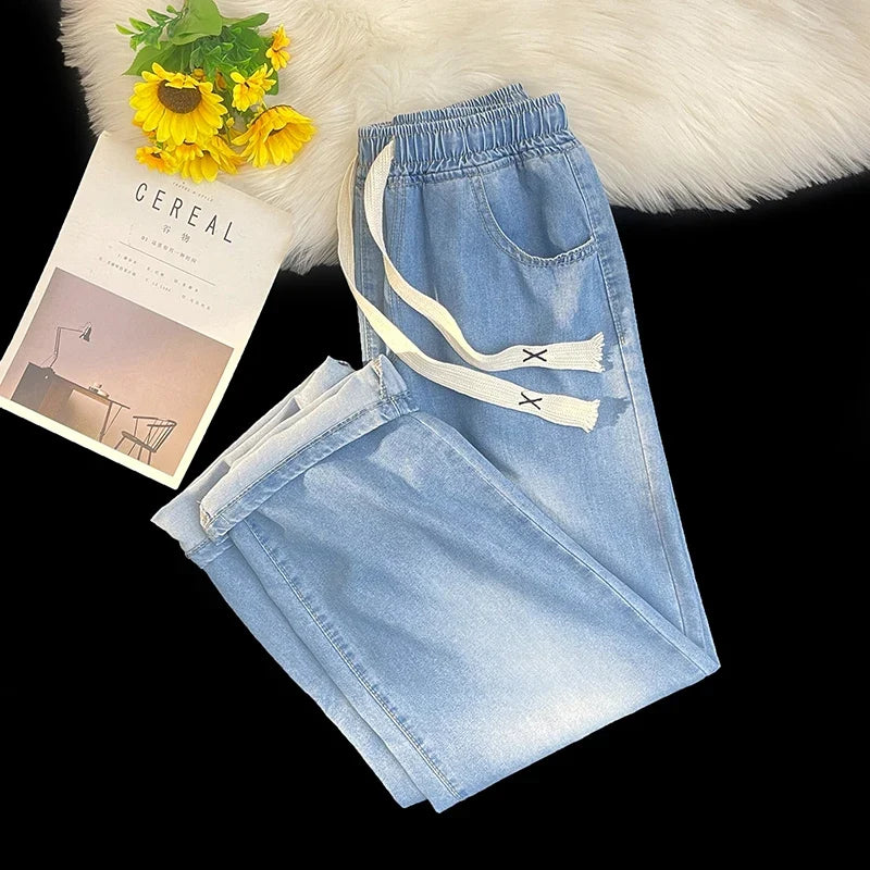 2026 New Spring Summer Men's Baggy Jeans Lyocell Fabric Wide Leg Pants Drawstring Trousers Male City Boy Plus Size S-4 5XL Y2K