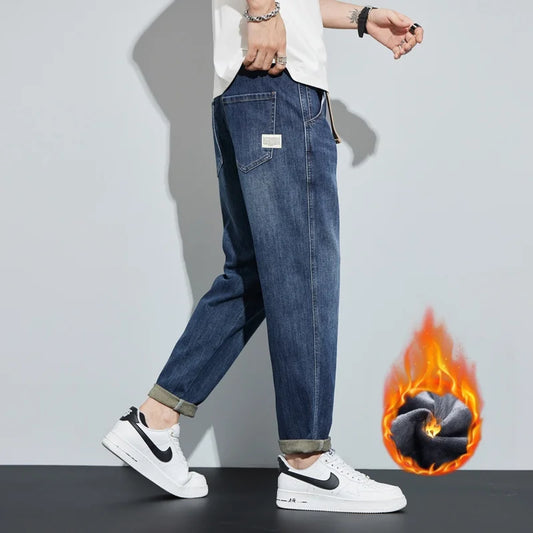 Winter Dark Blue Fleece Jeans for Men Black Loose Straight Casual Trendy Comfortable Versatile Youth Thickened Harem Pants Blue