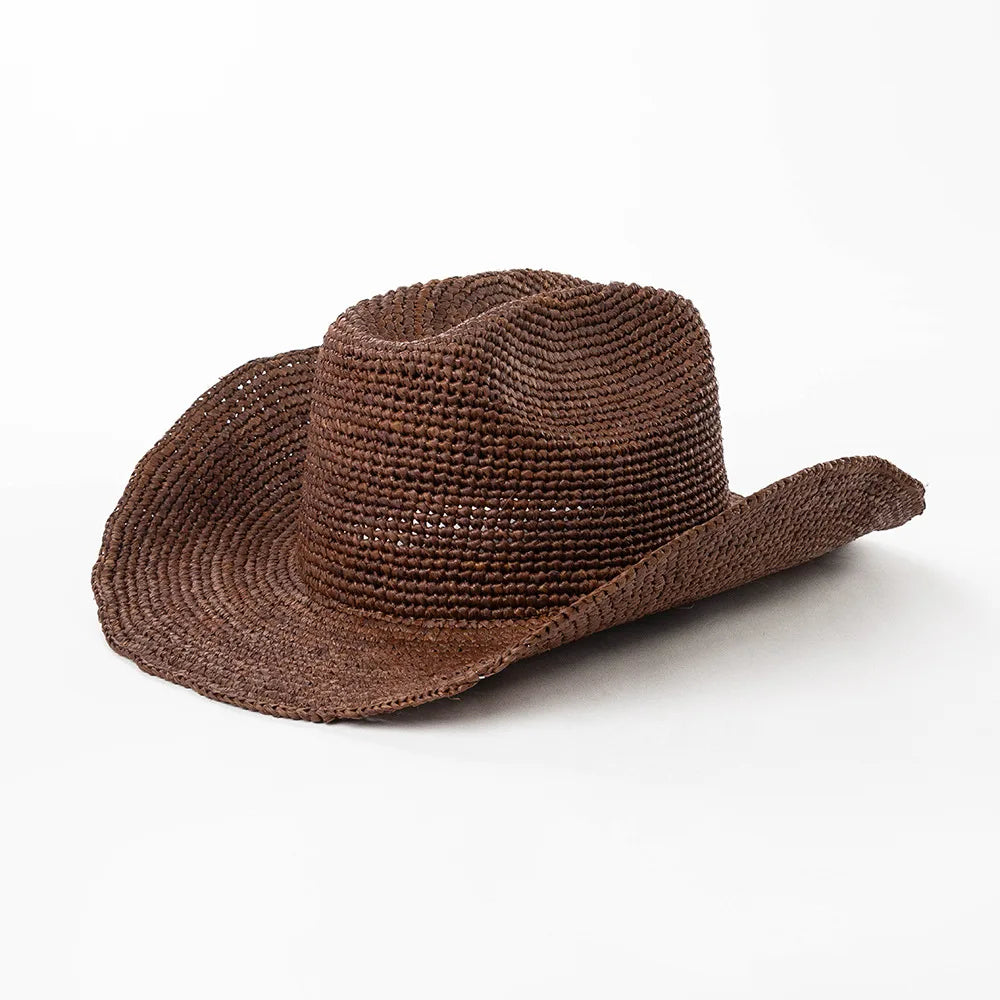 Hand-crocheted Natural Raffia Straw Cowboy Hat for Women Men Summer Wide Brim Sun Hat Outdoor Breathable Beach Caps