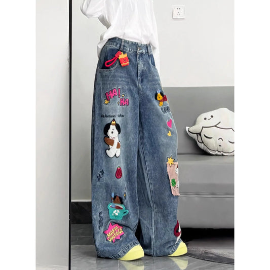 Retro American Cartoon Floing Embroidery Jeans Men Women Cleanfit Waed Loose Wide Leg Pants Couples Casual Loose Fit