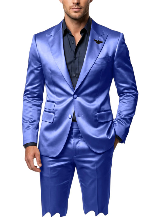 Men's Satin 2-Piece Suit Set Slim Fit Peak Lapel Tuxedo Blazer With Straight Leg Pants For Wedding Party Formal Wear