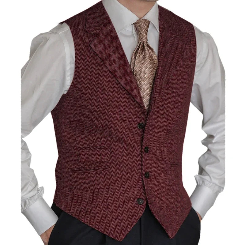 Men Vest Brown Classic Herringbone Pattern Suit Vest Notch Lapel Waistcoat Slim Formal For Wedding Groomsmen Banquet Men Suit