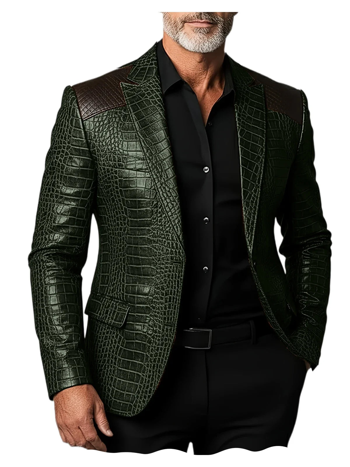 Men's Crocodile Pattern Leather Blazer Patchwork PU Leather Suit Jacket Notched Lapel Slim Fit Business Casual Coat Outerwear