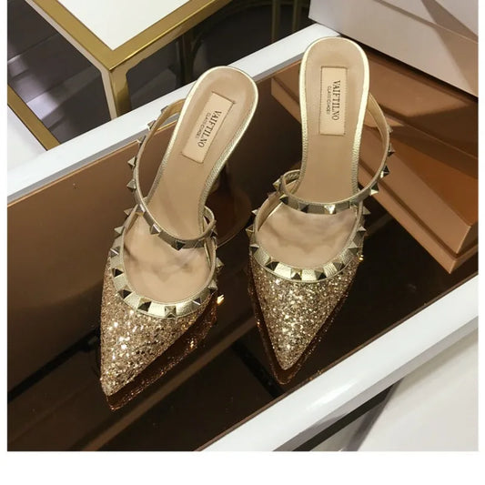 2025 New Genuine Leather Gladiator Pumps Sandals Luxury Metal Rivets Summer Women Outdoor Slippers Black Fashion High Heels 41