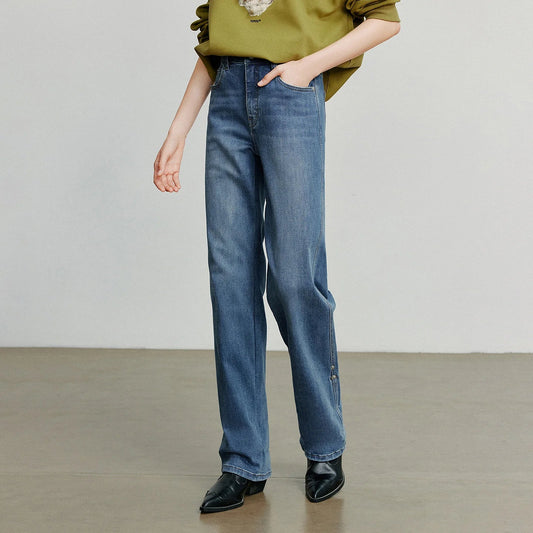 Women Denim Jeans 2025 Autumn New Lyocell Rolling Up Hem Elastic and Simple Straight Leg Ankle Length Pants