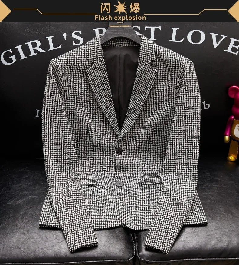 Plus-Size Men's Spring New Korean Style Slim-Fit Trendy Handsome Single-Breasted Houndstooth Suit Jacket