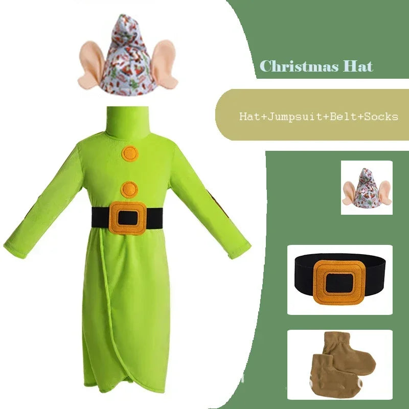 Seven Dwarf Man Costume Snow Princess Outfit Christmas Child Boys Girls Big Ears Elf Pixie Cosplay Santa Party Clothes For Kids