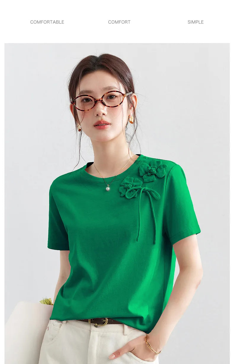 100% Cotton Summer T-Shirt Women 2026 Pink Tees Fashion Heavy 3D Floral Casual Crew Neck Short Sleeve Top A6182