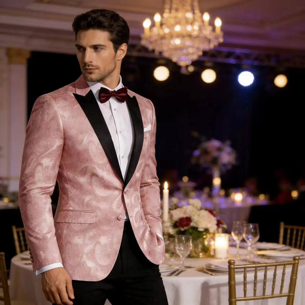 Men's Pink Paisley Tuxedo Blazer Black Satin Lapel 2 Button Formal Jacket Wedding Party Prom Suit Coat Plus Size