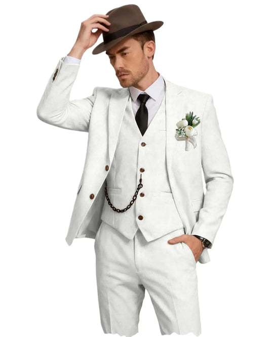 Men's 3 Piece Linen Suit, Slim Fit Notch Lapel Single Breasted Blazer Vest Pants Set Breathable Casual Business Wedding Suit