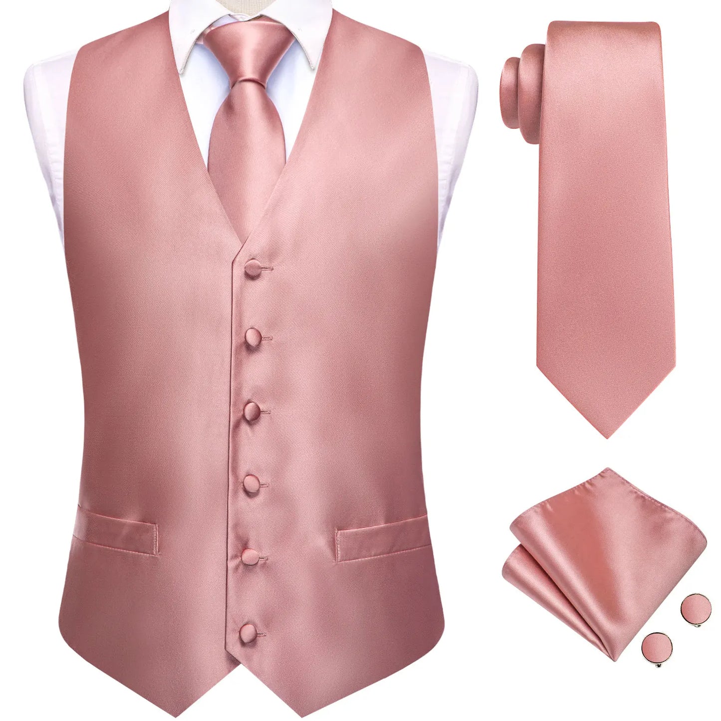 Wedding Coral Pink Mens Vest Silk Tie Set Adjustable Jacquard Waistcoat Jacket Necktie Hanky Cufflinks Formal Party Gifts