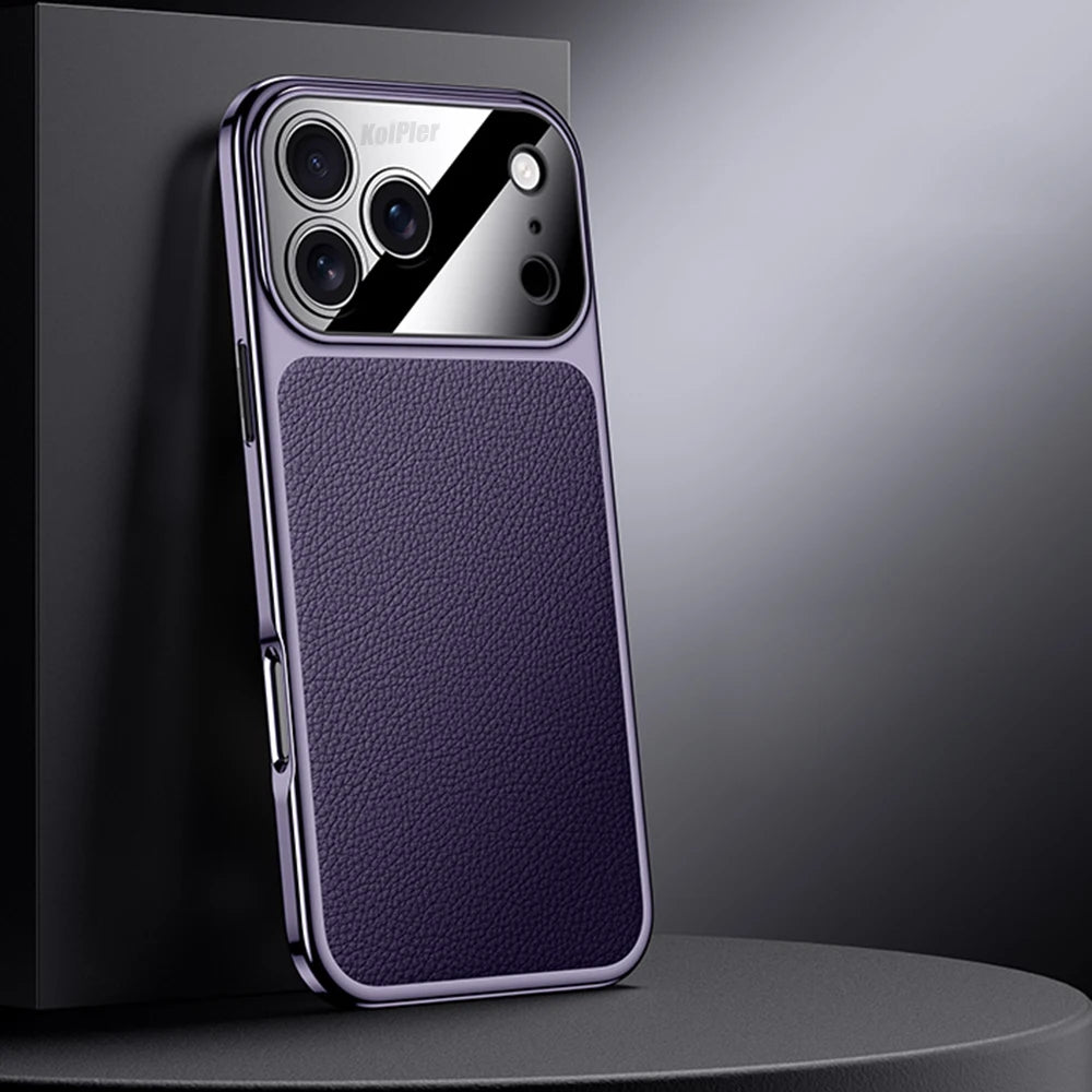 Original Leather Case For iPhone 17 PRO MAX Plating Genuine cowhide Lichee Pattern Lens Protection Shockproof Hard Phone Cover
