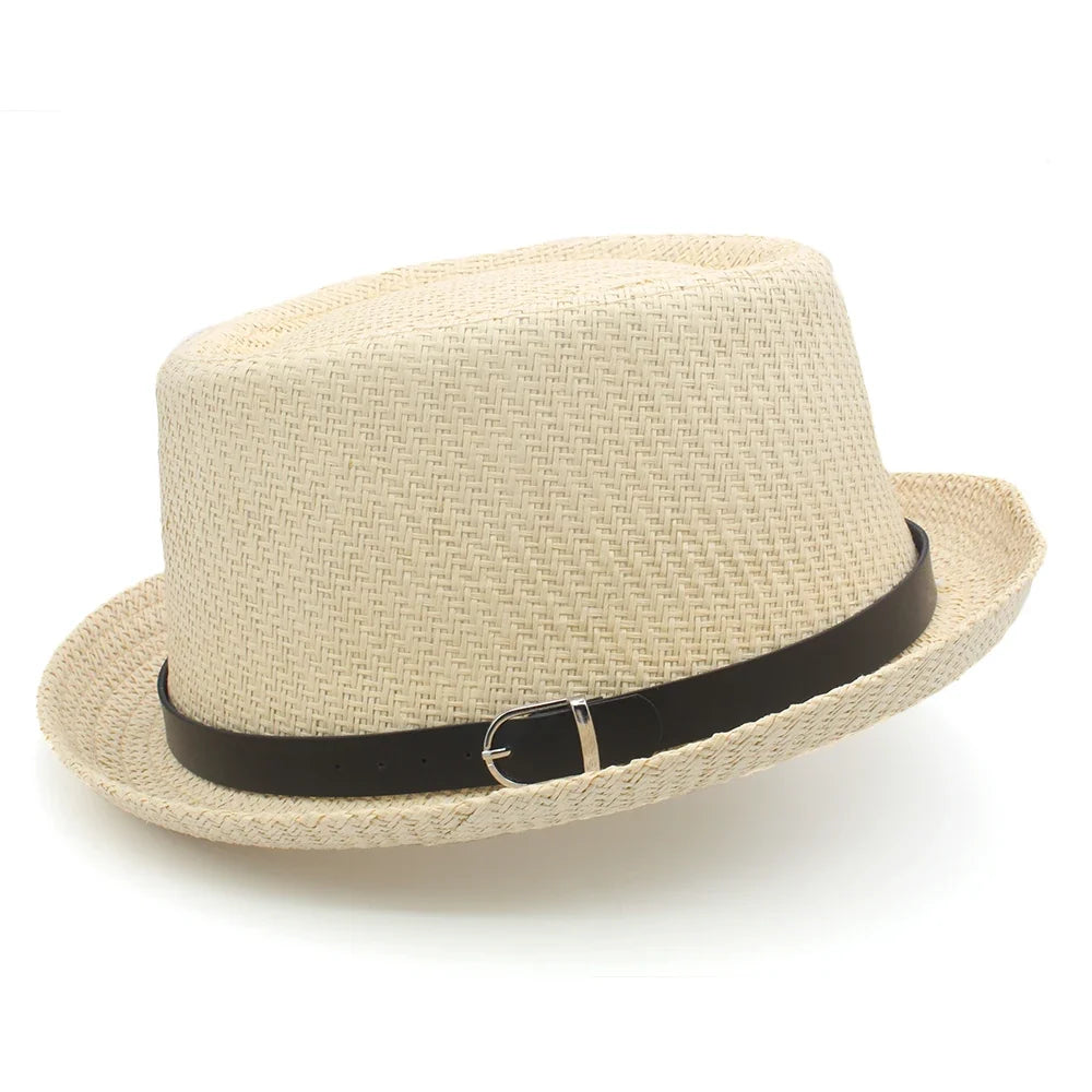 Men Women Classical Straw Pork Pie Hats Fedora Sunhats Trilby Caps Summer Boater Beach Outdoor Travel Party Size US 7 1/4 UK L
