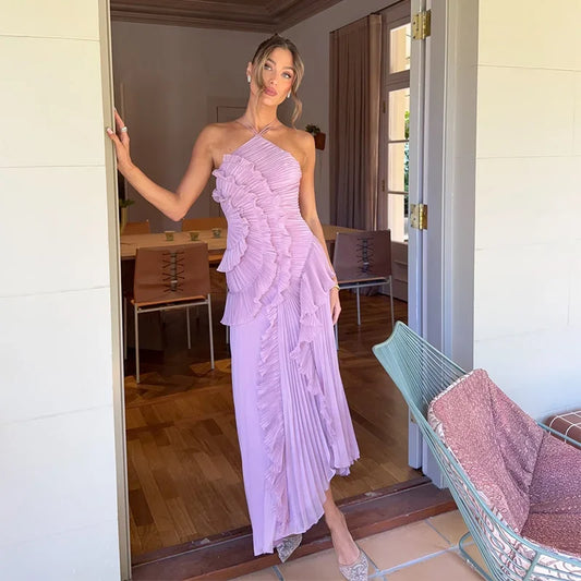Gown Neck Strap Irregular Long Dress For Women Ruffle Sleeveless High Waist Backless Dresses 2025 New Summer Elegant Party Y2k