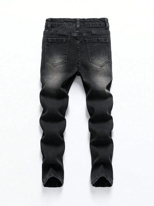1-Piece Men's All-Season Snowflake Washed Fashion Jeans, Stretchy Slim-Fit Light Gray and Dark Black Casual Denim Pants, Minimalist Fashion, Suitable for Everyday Wear