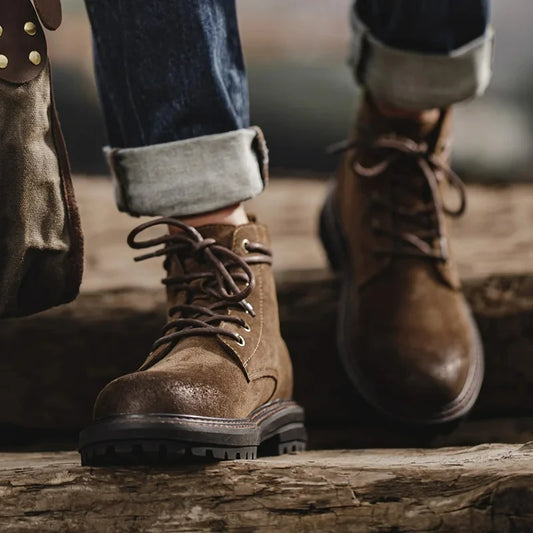 Maden Retro Fleece-lined Split Suede Boots High-Top Work Boots Lace-Up Desert Ankle Rugged Sole Boots Outdoor Winter Fall Shoes