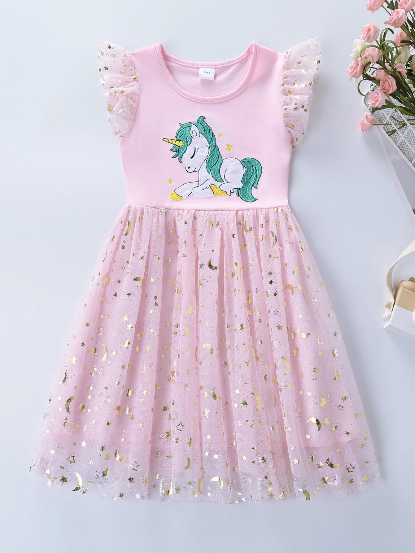 Summer New Girl's Cotton Unicorn Embroidered Mesh Spliced Sleeveless Dress SH1701