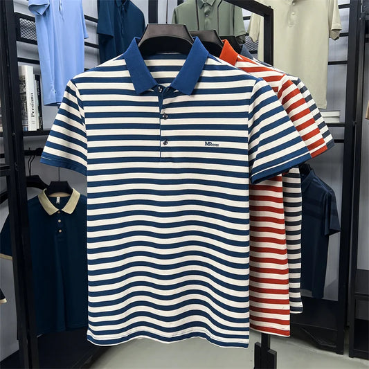 Luxury brand striped color blocked short sleeve polo shirt exquisite letter embossed men's casual lapel top comfortable T-shirt