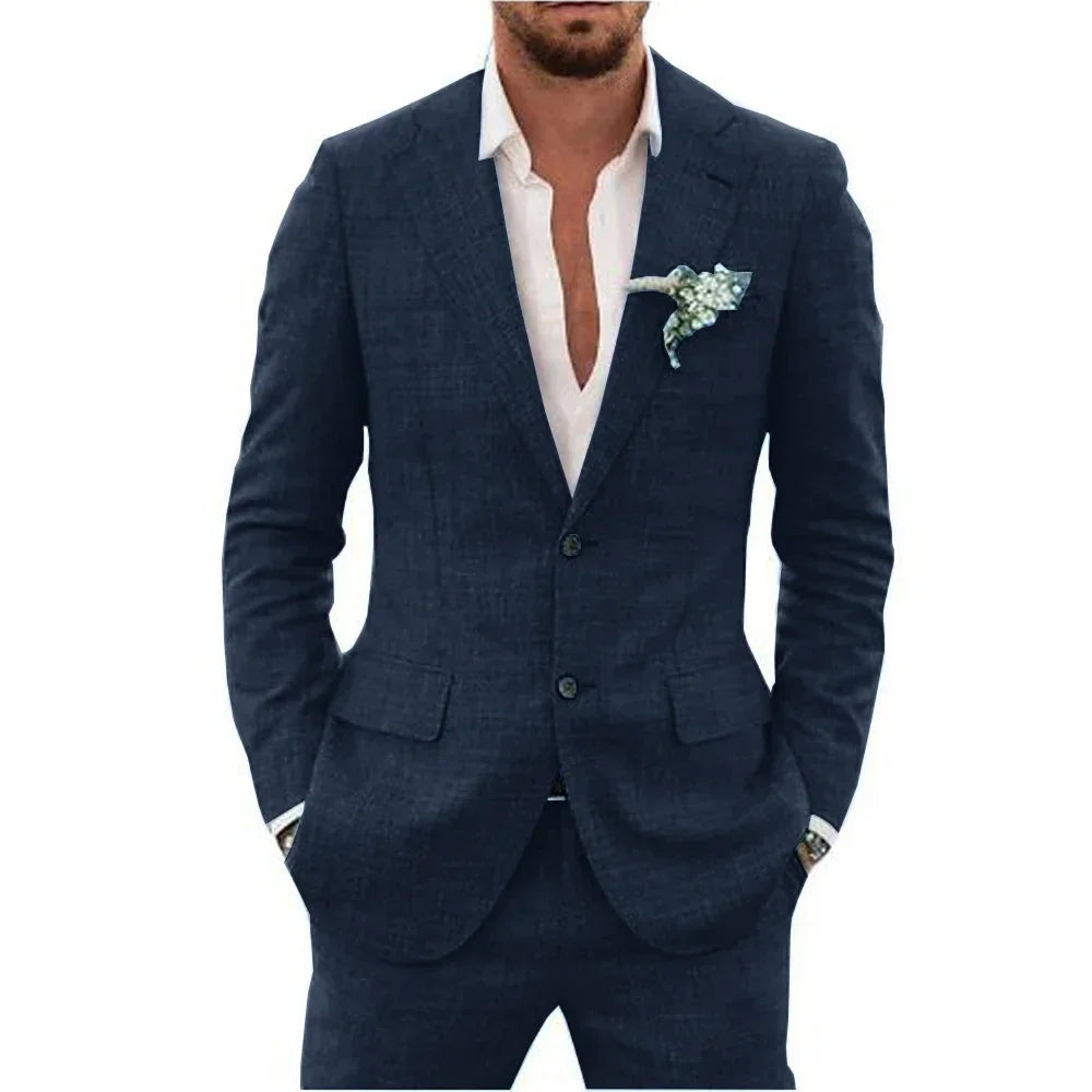 High Quality Linen Suits for Men Two Piece Formal Notch Lapel Single Breasted Male Suit Beach Casual Elegant Wedding Tuxedo