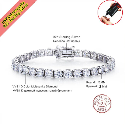 Véritable Bracelet Tennis Moissanite pour Femme Homme 3.0mm Bracelet Jonc Diamant de Laboratoire avec Certificats Argent Sterling 925 Bijoux Fins