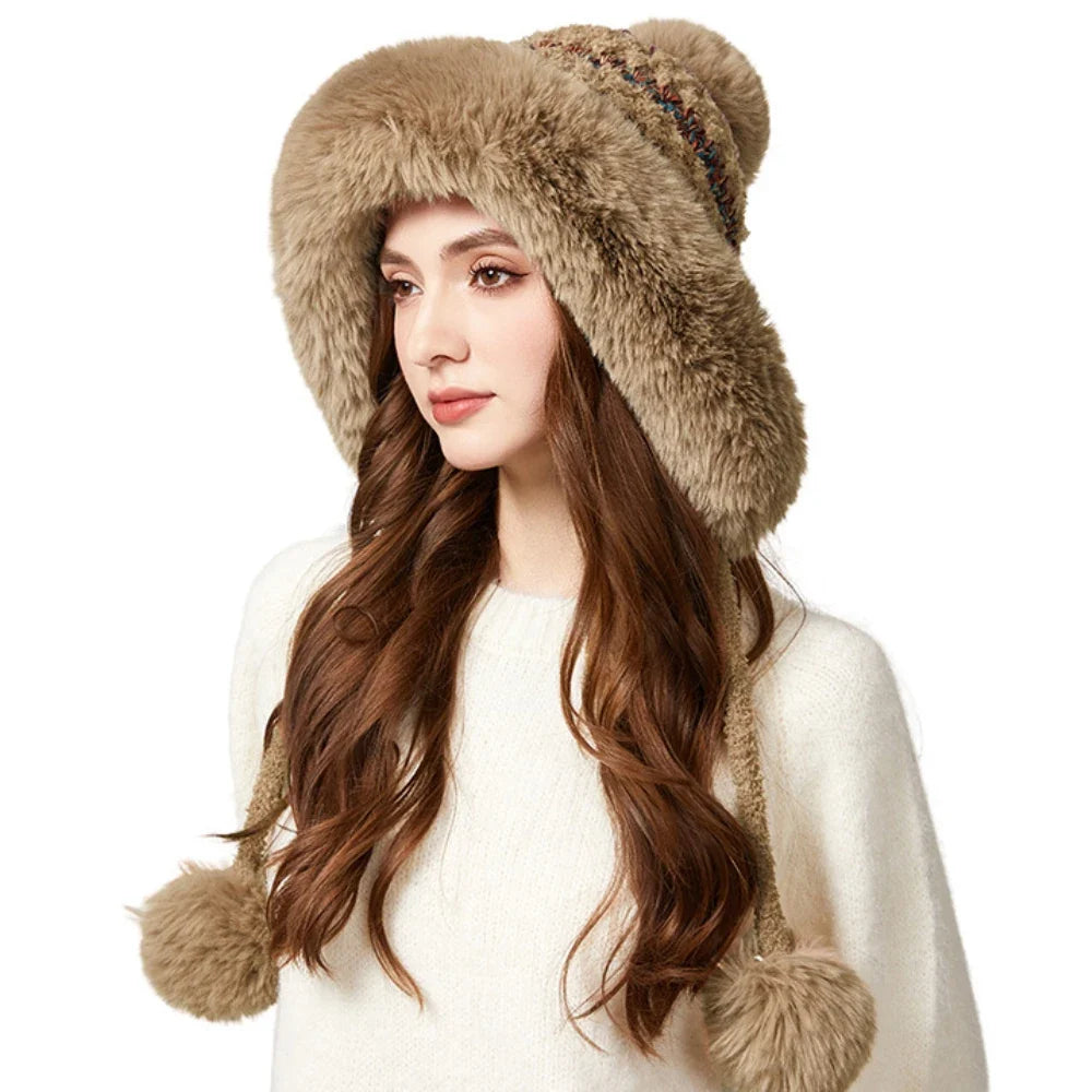 Three Pompoms Skullies Beanies Thick Warm Winter Hat Women Russian Fur Hat Ladies Knitted Hat Female Snow Ski Earflap Cap