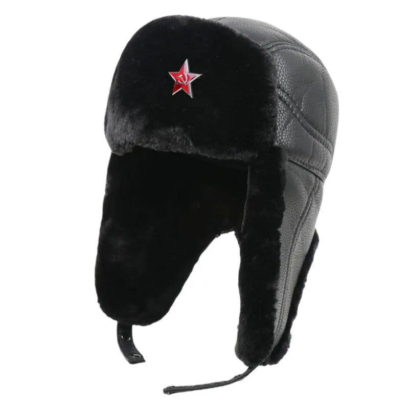Army Military Soviet CCCP Ushanka Men&Women Winter Earflap Bomber Hat Warm Faux Fur PU Leather Thermal hat Snow ski Cap