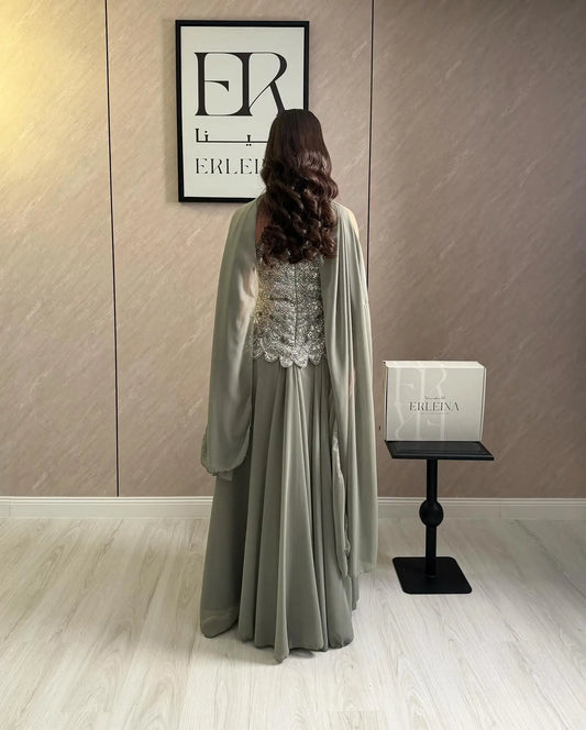 Custom Classic Evening Dress Strapless Beaded Bodice Robes De Soirée Sage Cape Shawl Bridesmaid Dress Maxi Floor Length