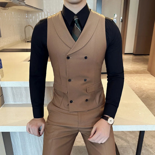 ( Vest + Pants) Men's Double-breasted Suit Vest 2 Pieces Set High Quality Business Casual Fashion Groom Wedding Dress Vest Sets
