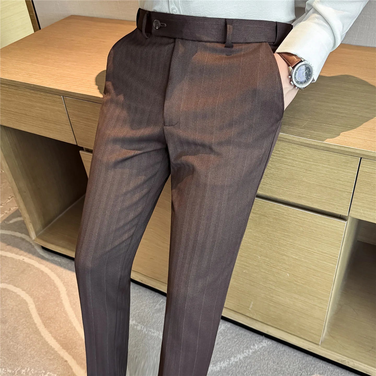 Autumn Winter New Thickened Wool Striped Suit Pants Men's High Qualitys Elastic Waist Slim Fit Business Casual Trousers 38-29