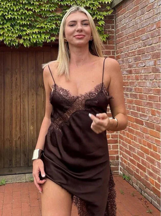 Satin Sexy Lace Spliced Short Sling Dress Women Sleeveless Backless Asymmetric Sexy Party Dresses 2026 Summer Lady Dress 