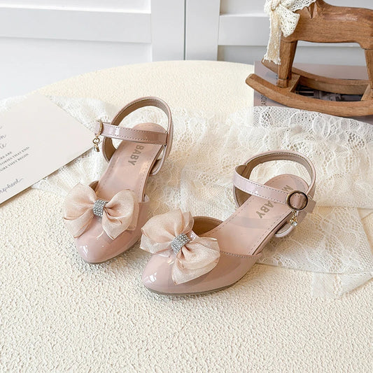 Girls Sandals Fashion Bow Girls High Heels Pink Kid Non-slip Princess Performance Shoes 3-18 Years Old Children's Leather Shoes
