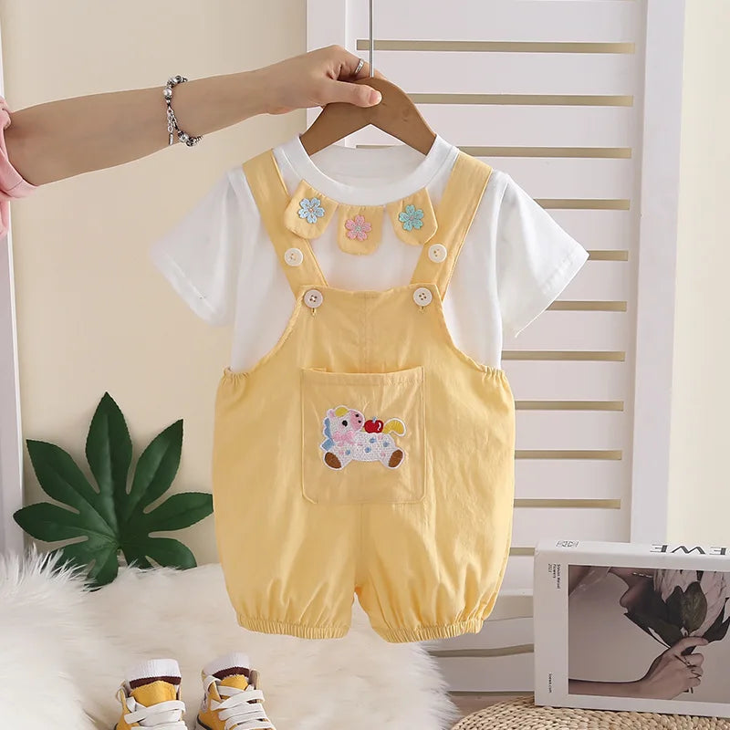New Summer Suits for Baby Chinese Embroidery Kids Tshirt +Cartoon Horse Overalls 2pcs/sets Toddler Girl Fashion Clothing Outfits